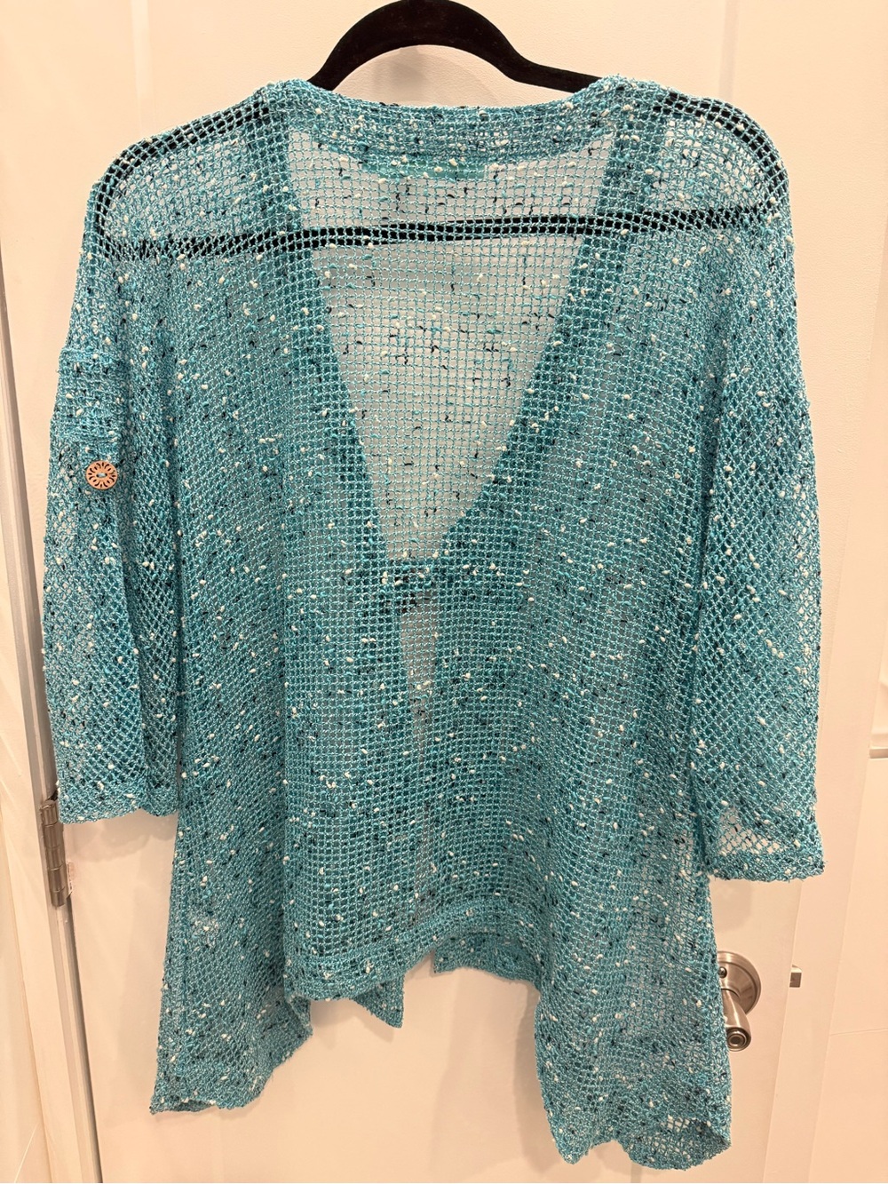 Open-Weave Turquoise Cardigan with Wooden Buttons - Picture 4 of 5